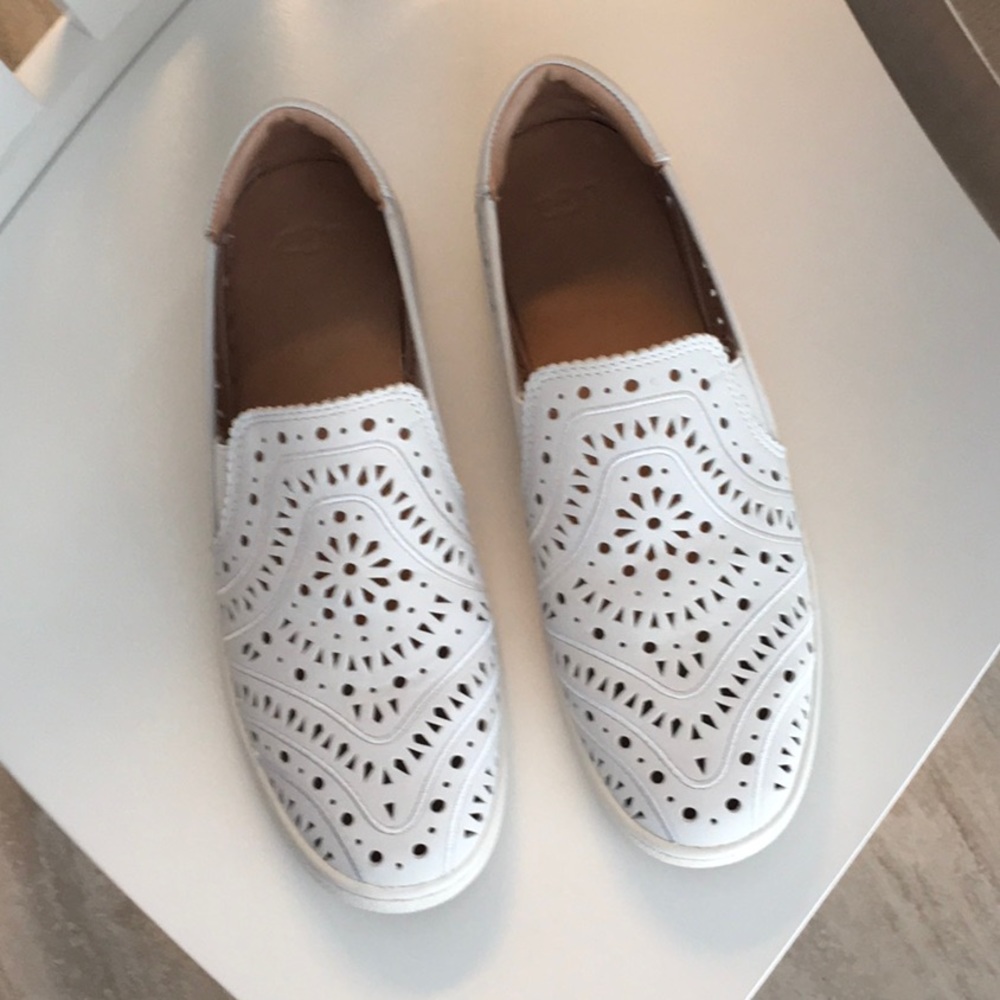 UGG leather slip-ons, white with cut outs, size 9.5